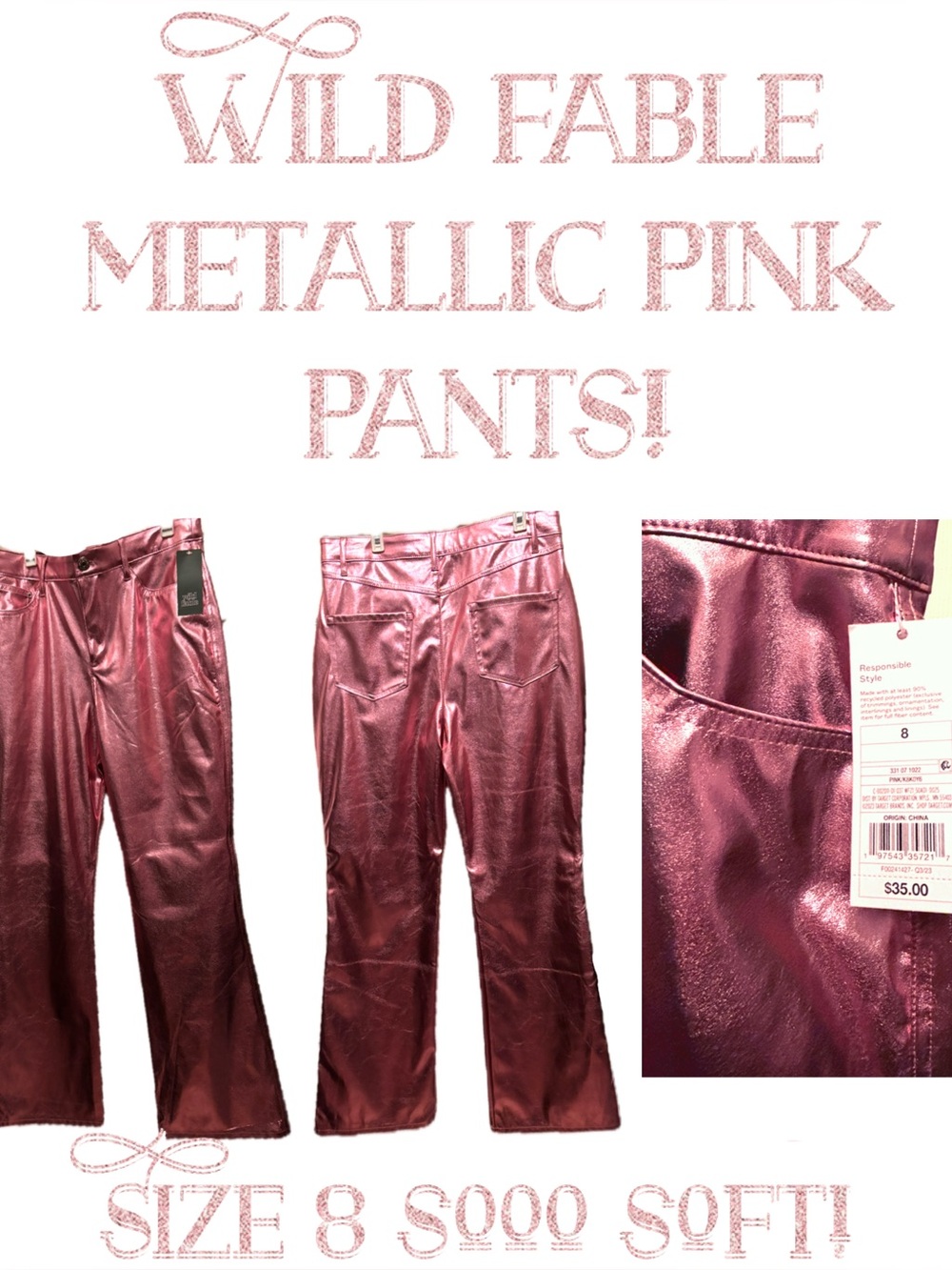 Women’s Metallic Rose Pink Pants Faux Leather Super Soft, Size 8 HOT!!! NWT